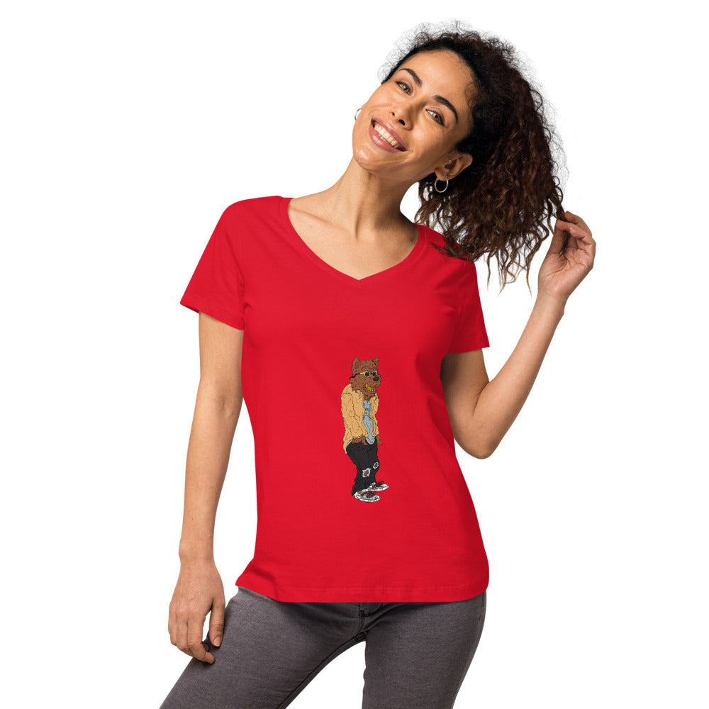 Cali Bear Women’s fitted v-neck t-shirt red front 2