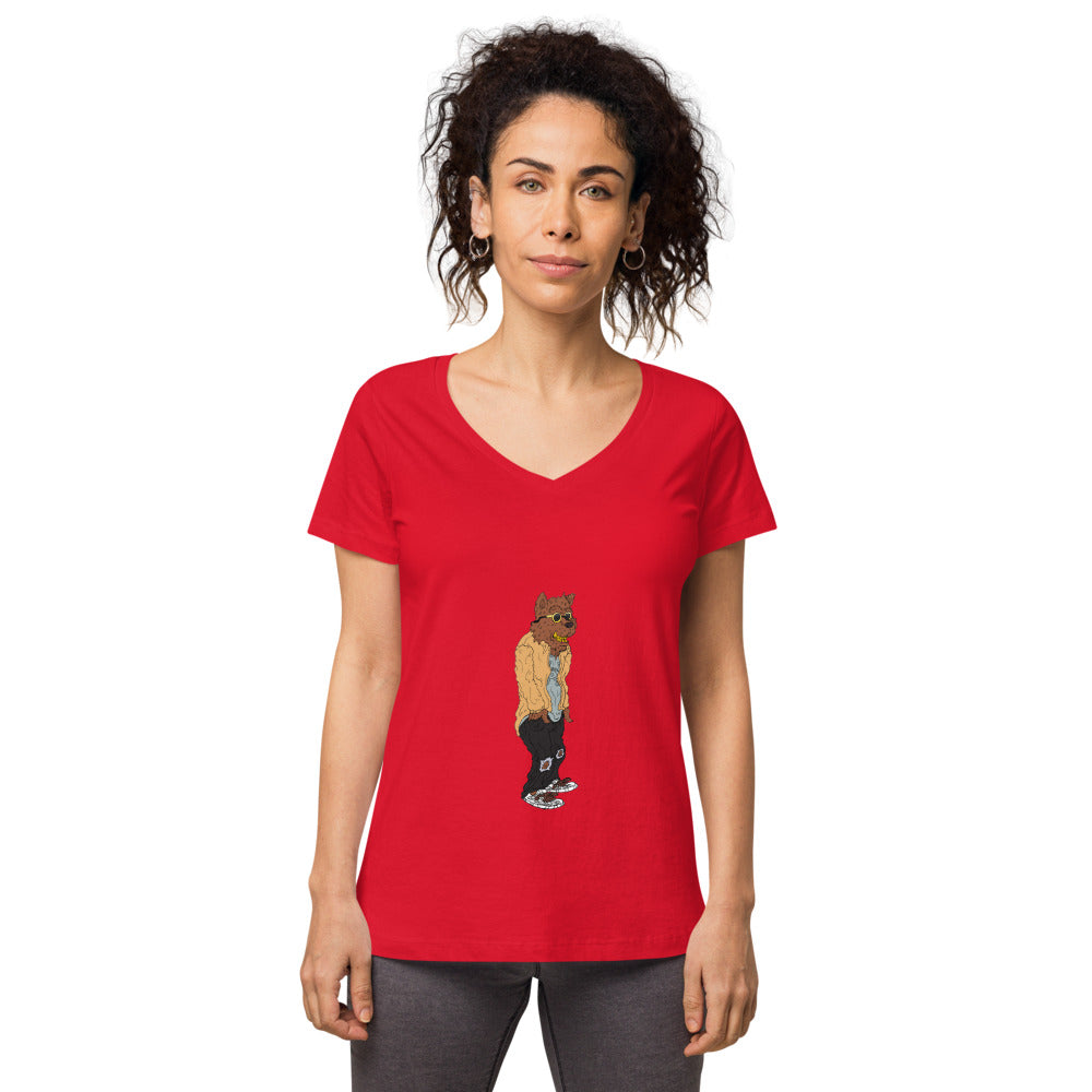 Cali Bear Women’s fitted v-neck t-shirt red front 