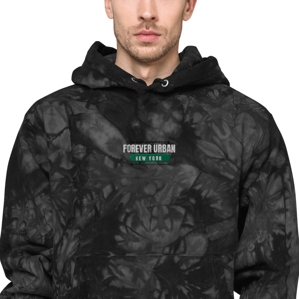 FUNY ALT Logo Unisex Champion tie-dye hoodie black zoomed in