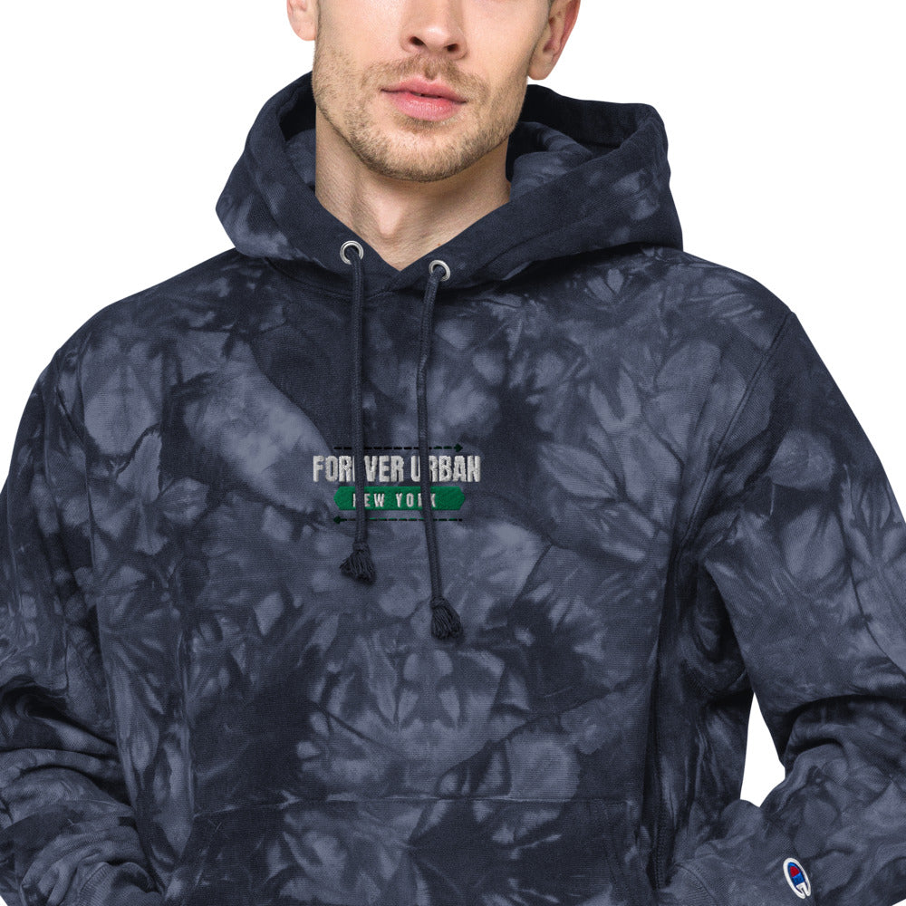FUNY ALT Logo Unisex Champion tie-dye hoodie navy zoomed in 2