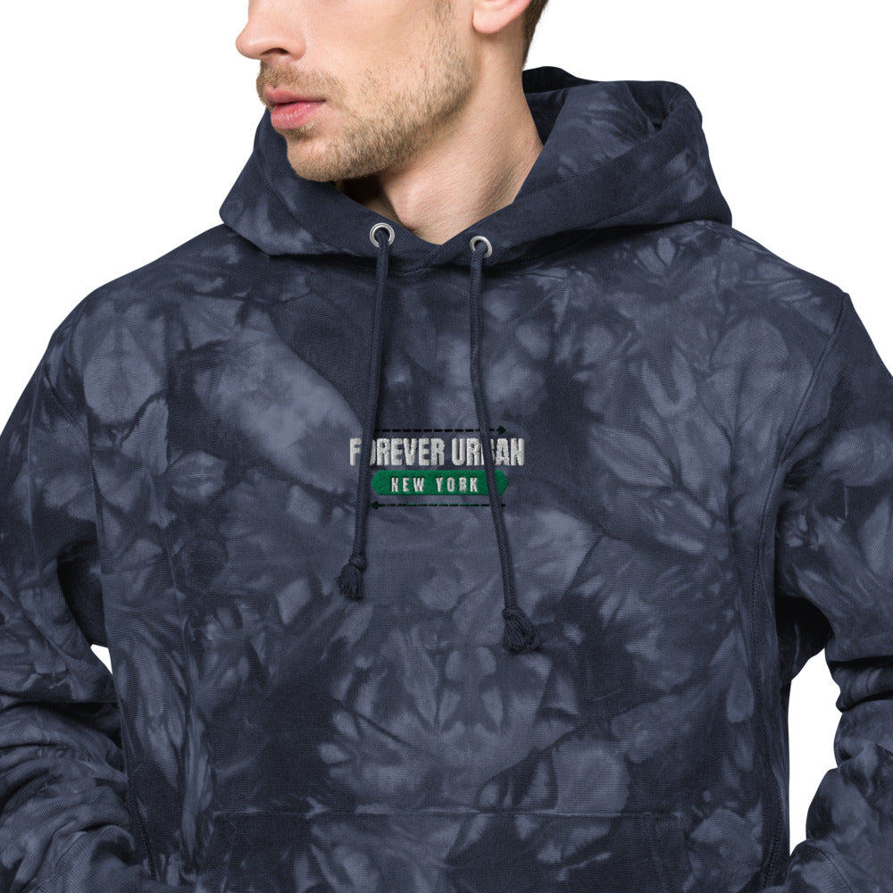 FUNY ALT Logo Unisex Champion tie-dye hoodie navy zoomed in 3