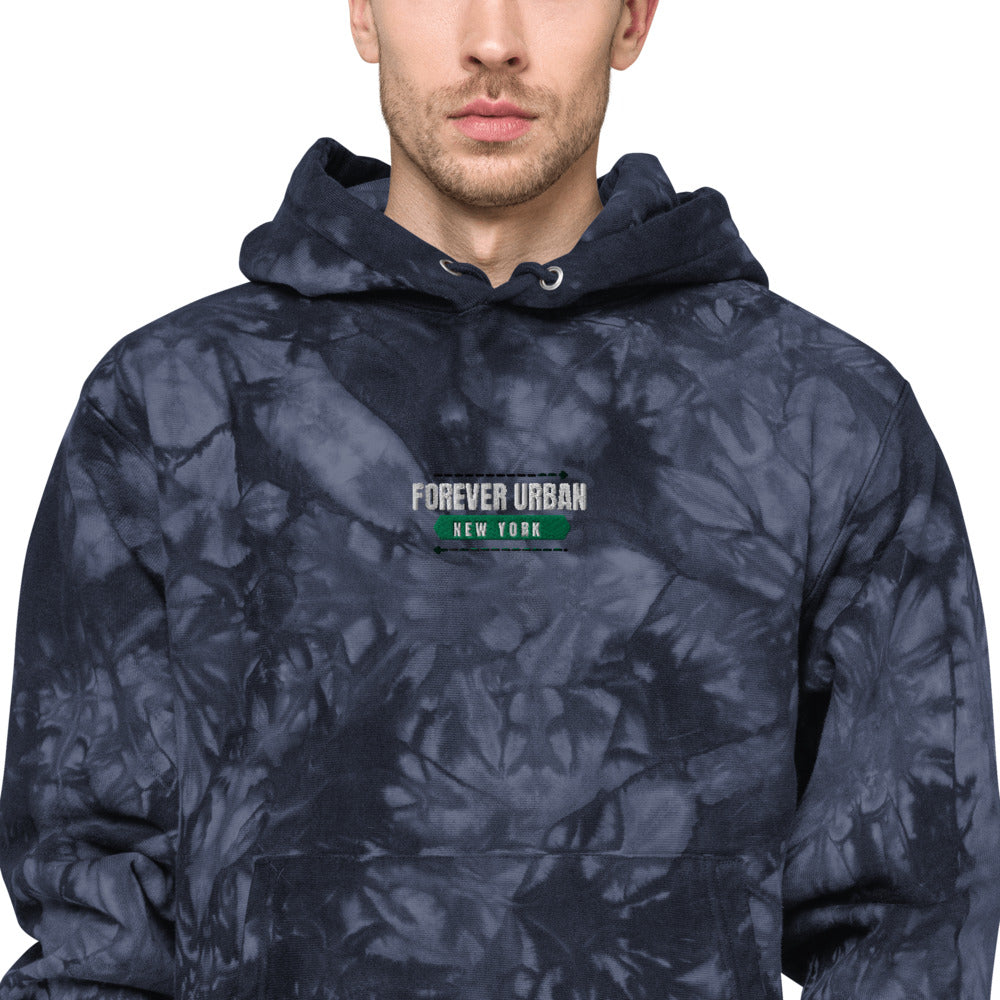 FUNY ALT Logo Unisex Champion tie-dye hoodie navy zoomed in