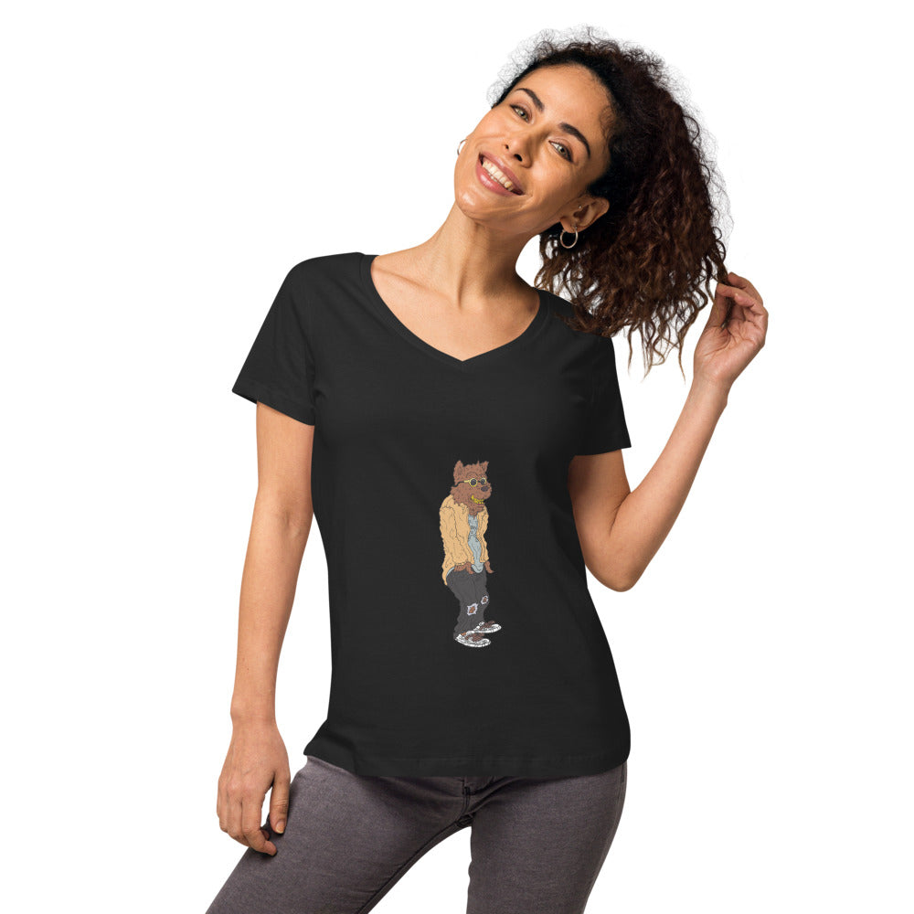 Cali Bear Women’s fitted v-neck t-shirt black front 2