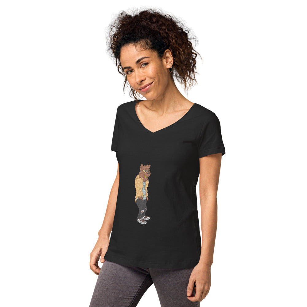 Cali Bear Women’s fitted v-neck t-shirt black left front