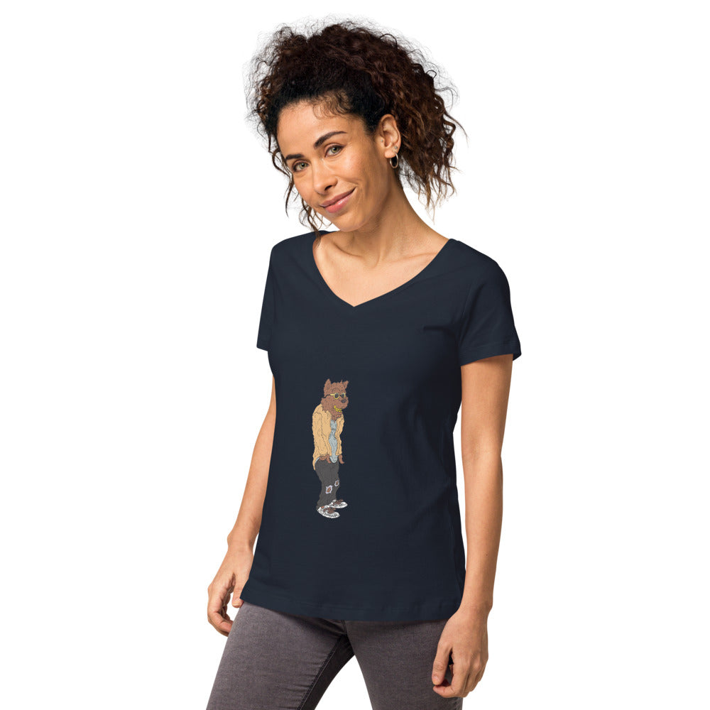 Cali Bear Women’s fitted v-neck t-shirt navy left front